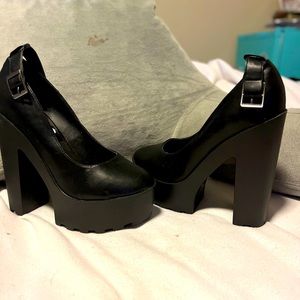 Black leather block platform heels